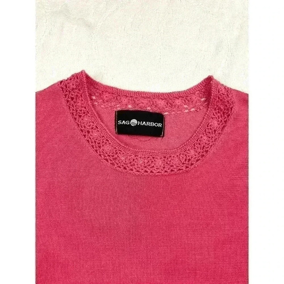 Sag Harbour Women's Coral Soft Sweater Top Medium Short Sleeve Crocheted Trim - Picture 3 of 11